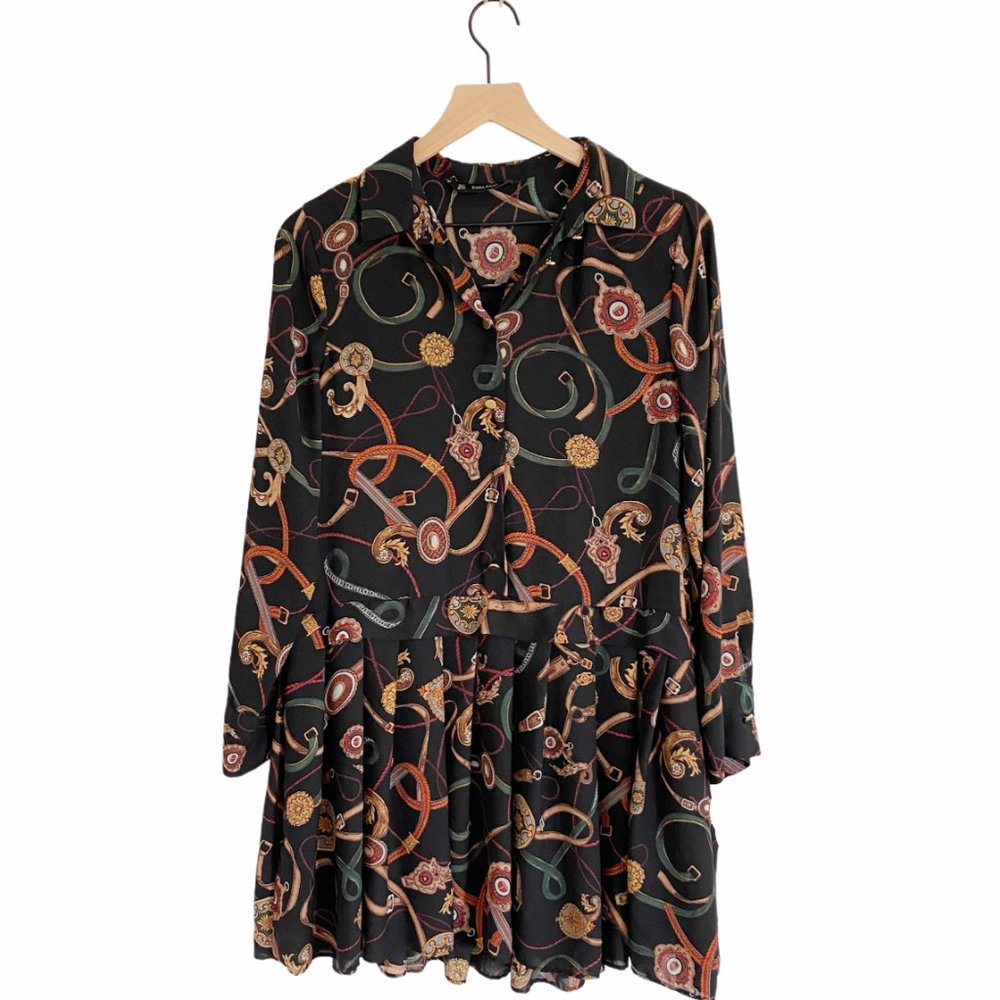 Zara Chain & Belt Print Ruffled Black Dress